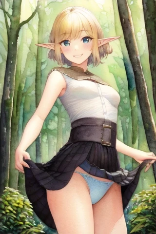 Pelo corto, Cabello ondulado, Riendo, Pintura acuarela, Pechos pequeños, Levantarse la falda, Falda, Obra maestra, Duende, Bosque, Vestido de novia, Vestido